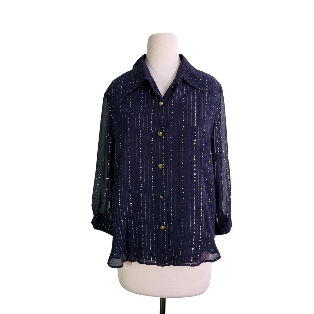 VTG Y2K Linea Dell'Olio Blouse L 14/16 Navy Silk Sequin Sheer Pinstripe NWT